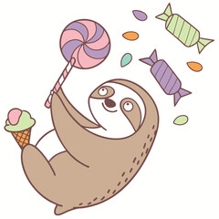 Candy Shop colored  Three-toed Sloth with a Curious touch, placed in a Birthday theme