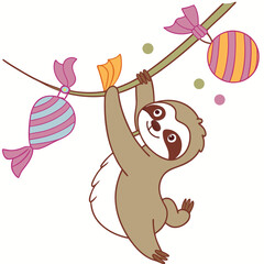 Candy Shop colored  Three-toed Sloth with a Curious touch, placed in a Birthday theme