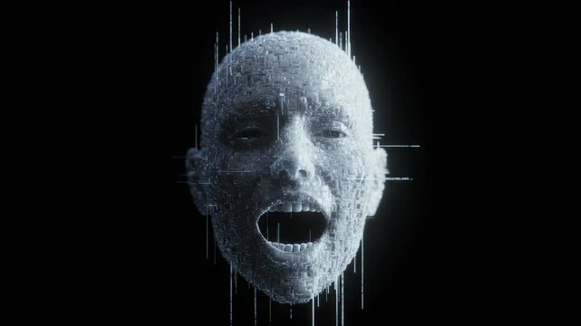 Abstract digital human face, glitch effect, expressing emotion, technological and futuristic