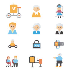 2D Flat icon Elderly Technology & Care Assistance Icons isolated in White Background