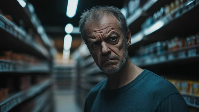 Man in Supermarket Scrutinizes Products with Difficulty