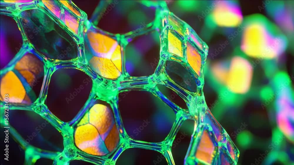 Poster a vibrant, pixelated close-up of a hexagonal structure, showcasing colorful hues and sharp details.