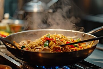 High Quality Picture of Stirfried Noodles with Chicken and Vegetables Chow Mein