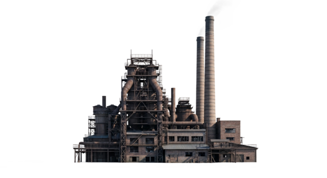 A detailed rendering showcases a grand industrial complex with tall smokestacks and intricate piping, transparent background - Powered by Adobe