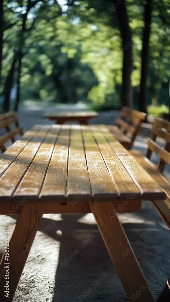 Poster a wooden picnic table with a bench on each side. there are two benches on the left side and two benc