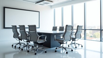 a modern conference room with a large table and chairs. The room has large windows that offer an abundance of natural light and a projection screen