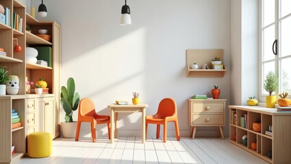 Cozy and inviting, this interior scene features a bright and airy room with a minimalist design, a table and chairs, and shelves filled with various items