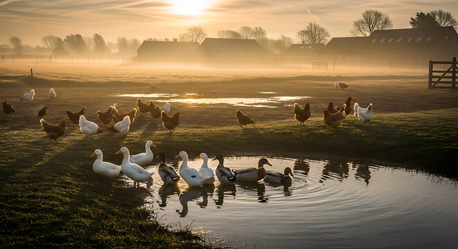 Sunrise mist shrouds a tranquil farm scene; ducks and chickens gather near a pond, reflecting the golden light.