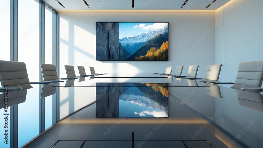 Poster modern boardroom with a large screen displaying a nature scene, offering a blend of professional and