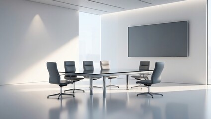 A modern office meeting room with a large screen and an elegant conference table