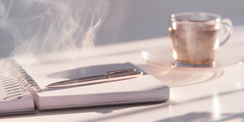 A still life of a notebook and pen with a cup of tea steaming on a white surface in soft light