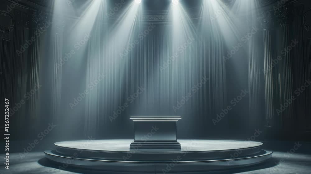Poster the stage is set for a performance with bright lights shining on the curtained background. sound and