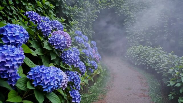 A serene video scene of a misty garden path lined with vibrant hydrangeas, captured from a low angle, creating a tranquil, immersive atmosphere. Live desktop wallpaper.
