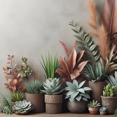 Fototapeta premium An Indoor Garden Collection of Lush Exotic Tropical Jungle Pastel Boho Botanical Leaf Houseplants Pot Plants, Floral Leaves, and Flowers, Background with Copy Space. Modern Lighting Nature Succulents.