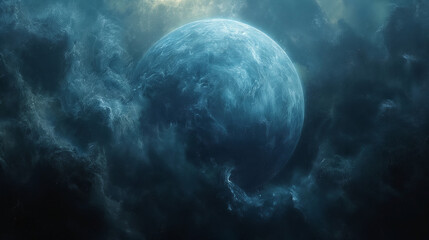 Mysterious Blue Planet Emerging from Dark Nebula Clouds in Outer Space Scene for Sci-Fi Background Use