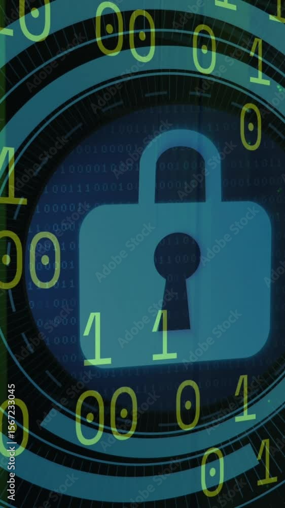 Poster animation of padlock icon and data processing over server room