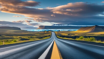 Scenic highway winding through a landscape of grasslands and mountains.