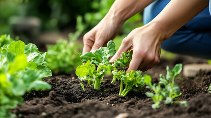 Gardener planting spinach in a vegetable garden