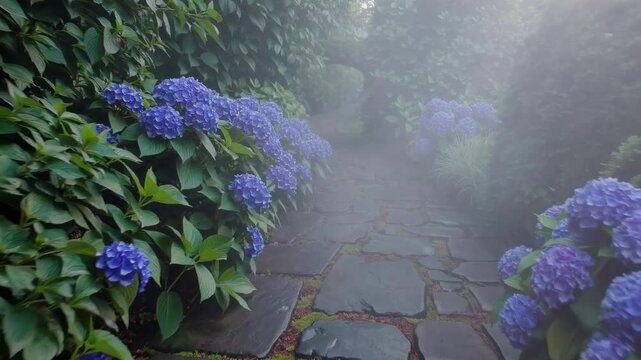 A misty garden path lined with vibrant blue hydrangeas, captured from a low angle, creating a serene and dreamy video atmosphere. Live desktop wallpaper.