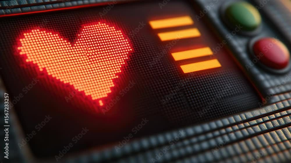 Poster this is an of a heart illuminated with red light, representing love in the context of technology or 