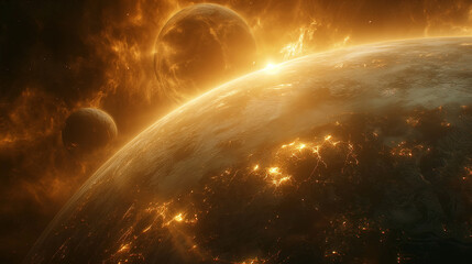 Obraz premium Burning Planet Surface Illuminated by Fiery Suns with Orbiting Moons in Deep Space Scene for Sci-Fi Use