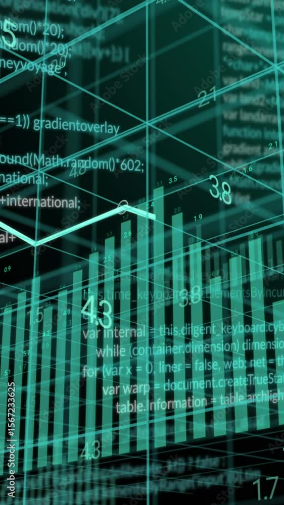 Poster animation of graphs and layers of data processing over 3d grid on black background