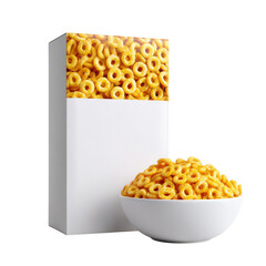 Cereal box and bowl filled with golden ring shaped cereal isolated on transparent background