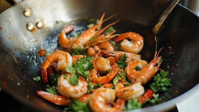 Fresh shrimp stir-fried with spices in a pan, ready to be served as a quick and healthy meal.