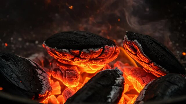 Intense Glowing Embers and Fiery Flames Abstract Display of Burning Charcoal for Heat