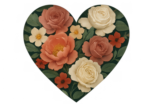 Delicate heart-shaped florals combining blossoming roses, soft peonies, and petite blooms against transparent backdrop, symbolizing romantic sentiment - Powered by Adobe
