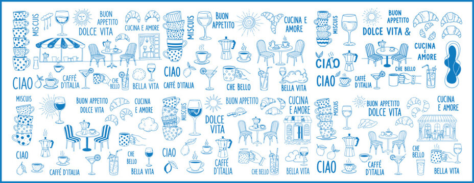  illustration Blue and white italian themed pattern featuring food drinks and italian phrases in line art icon