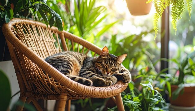 Cat lounging on wicker chair with green backdrop - Powered by Adobe