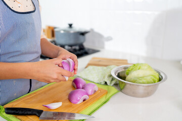 Chef preparing red onions for peruvian ceviche in a modern kitchen