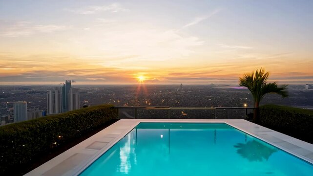 Exclusive Rooftop Swimming Pool at a Luxury Condominium with Urban Horizon
