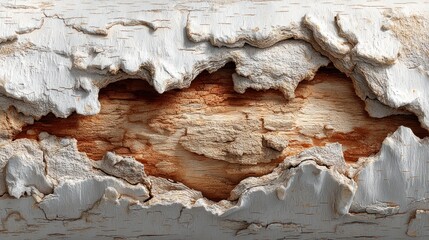 Close-up of Damaged Birch Bark Revealing Inner Wood Texture