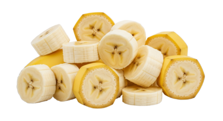 A tempting pile of fresh banana slices against a stark transparent background invites healthy eating