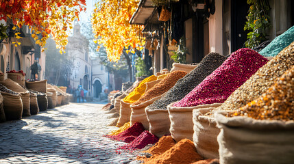 Traditional Turkish carpet on a snowy Venice street with festive Christmas lights illuminating the historic architecture at night