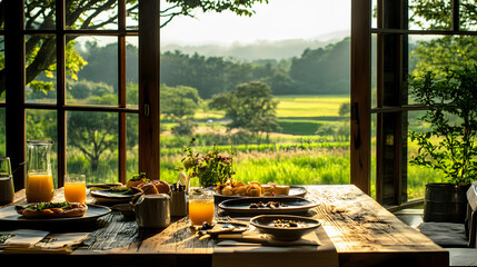 Garden breakfast on a picnic table with tea, food, and flowers near a kitchen window