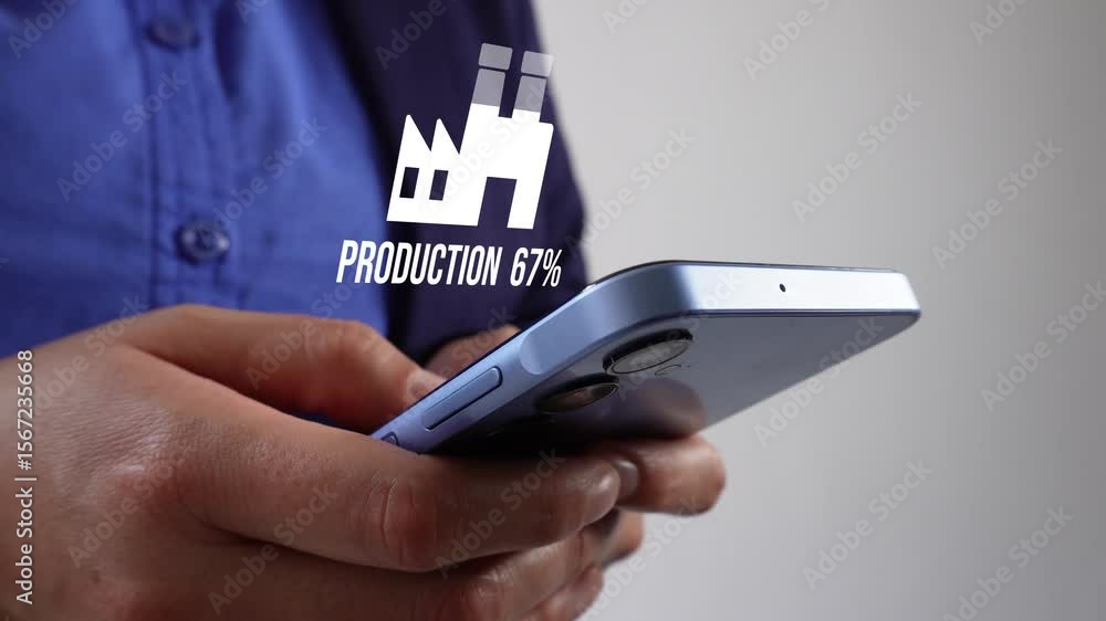 Poster close-up of a businesswoman's hands holding a smartphone and a factory icon loading animation with a