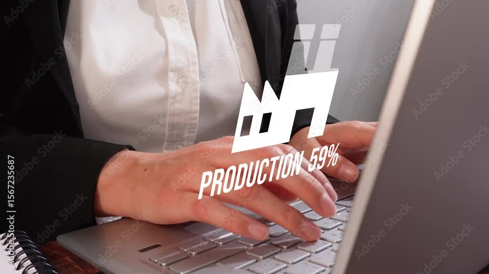 Poster close-up of a businesswoman using a laptop keyboard with a factory icon loading animation with a dyn