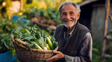 Smiling senior farmer holds a basket of fresh organic vegetables at the market