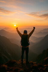 Fototapeta premium Hiker Celebrating at Mountain Summit Sunrise
