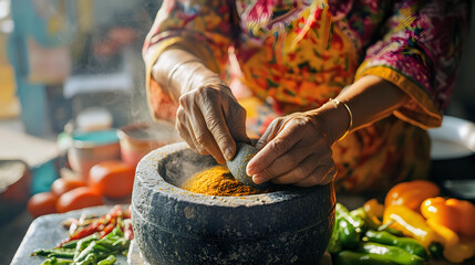An authentic array of Thai food ingredients and dishes are freshly prepared and displayed at a bustling market