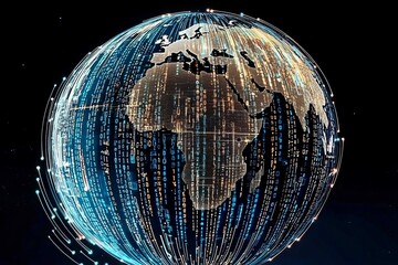 The interplay of binary code and globalization symbolized in a digital globe.
