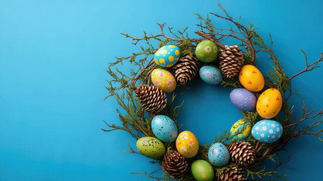 This is a wreath made for the celebration of Easter, featuring a circular arrangement of eggs and pine cones to evoke the spirit of spring renewal.