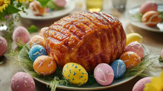 Delicious roasted ham surrounded by pastel eggs, celebrating Easter festivity.