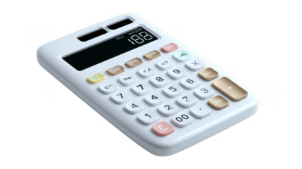 Modern white calculator with gold and pastel buttons isolated on transparent background