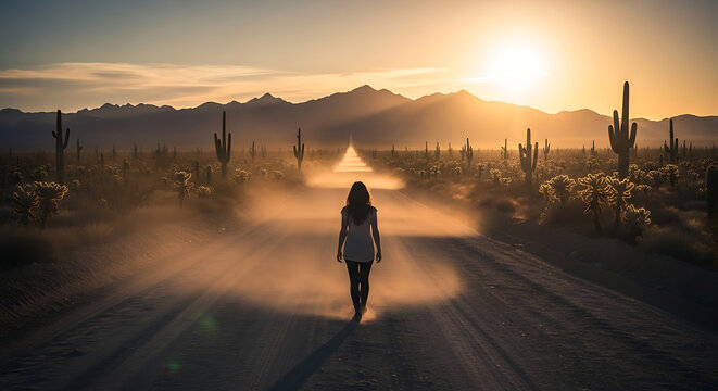 A woman walks down a dusty desert road towards the setting sun, with cacti lining the path and mountains in the distance.