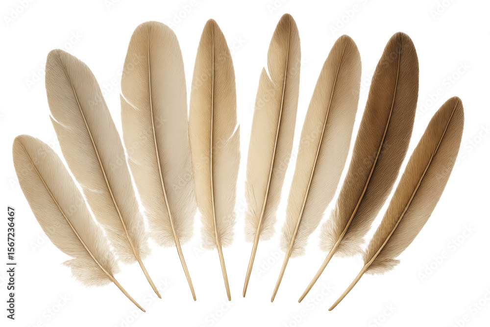 Aufkleber nine bird feathers showing a gradient from light beige to brown arranged in a semicircle on a transp