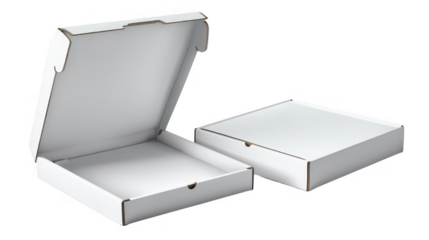 Two white pizza boxes one open one is closed for mockup isolated on transparent background